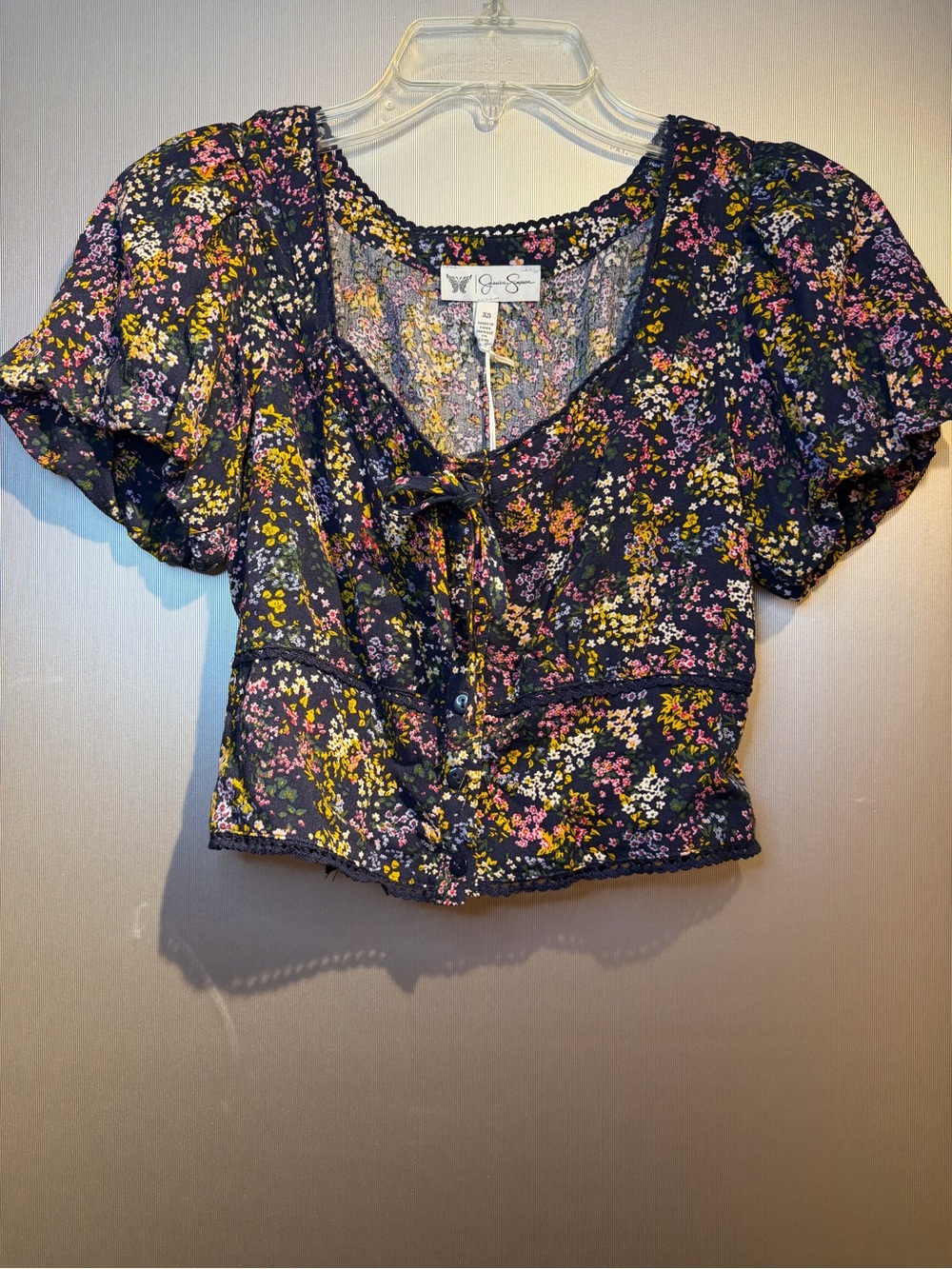 Jessica Simpson Navy Floral Tie-Front Puff Sleeve Top